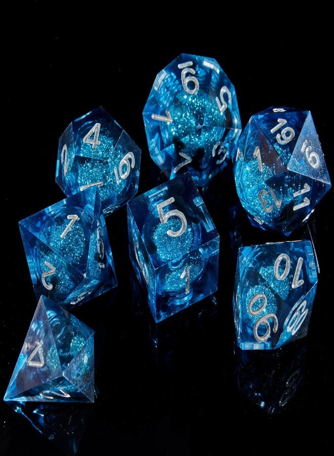 Fugacity DND Dice Set, Liquid Core Handmade Sharp Edge 7 Piece Resin Dice-Dungeons and Dragons Polyhedral Dice Set, D&D Dice Set with Gift Dice Case for RPG MTG Table Games(Blue Sand & Silver) - Image 2